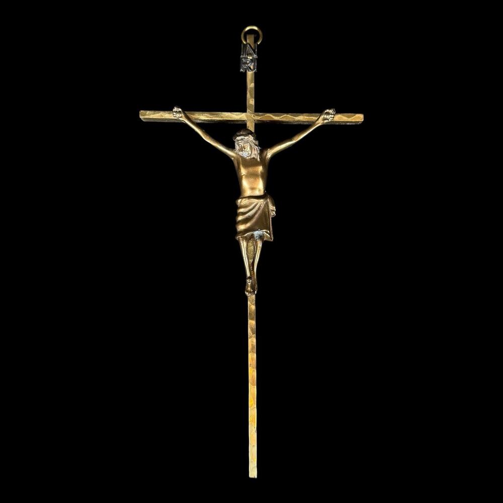 Christian Crucifix Brass German Made Gold Colored 10" Vintage